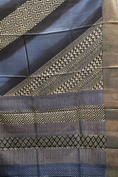 Pure Tussar Saree - Cuboid Pattern-Blue – Charvi Boutique