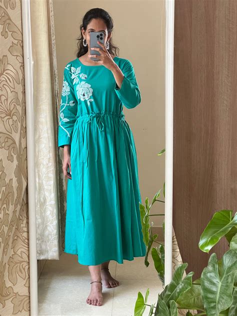 A0048 handloom cotton one piece dress with machine embroidery and adju ...