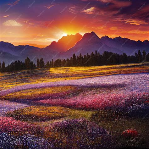 Premium Photo | Beautiful sunset landscape of mountains and fields with ...