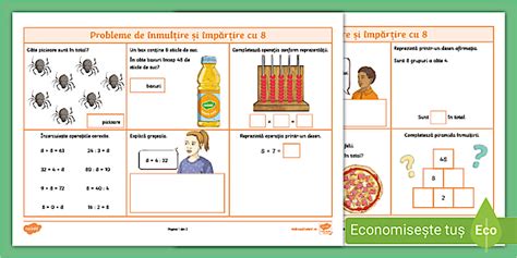 Probleme de înmulțire și împărțire cu 8 – Fișă de lucru