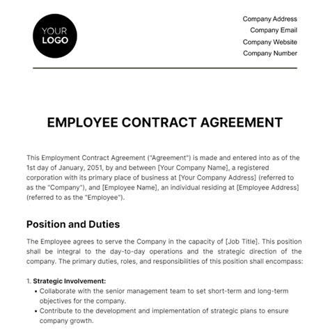 Employee Contract Agreement HR Template - Edit Online & Download ...