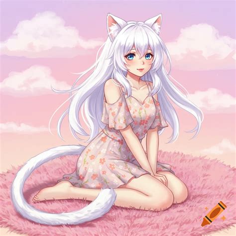 Anime neko-cat girlfriend with white hair, ears, and tail on Craiyon