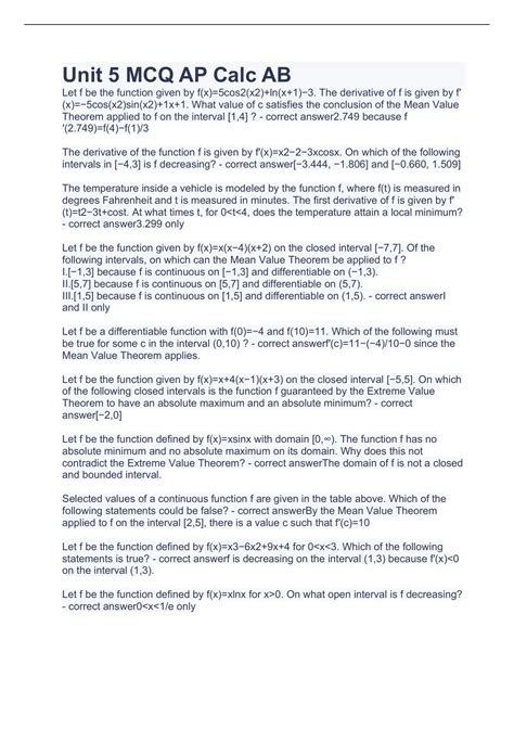 Unit 5 MCQ AP Calc AB 2023 with 100% correct questions and answers ...