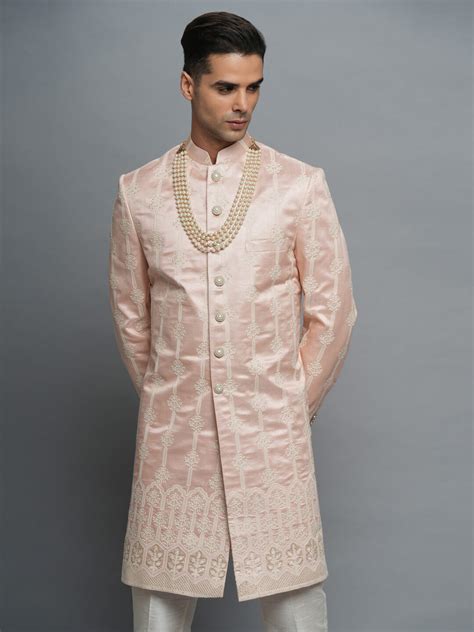 Rent/Buy Peach with White Embroidery Sherwani | Home Trial | Free ...