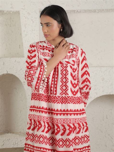 Buy Red Ikat Printed Cotton Tunic | SS-2344RedIkat/MUKH7 | The loom