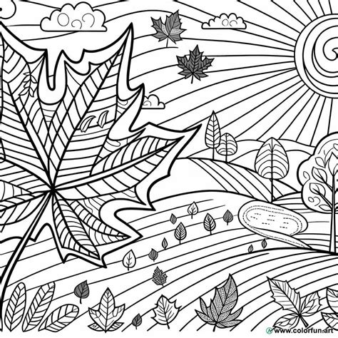 Autumn coloring page: leaves and landscape Download or Print for free