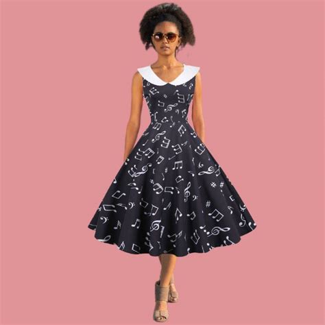 White Collar Music Notes Dress - Artistic Pod