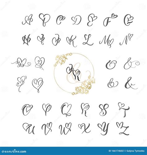 Handwritten Heart Calligraphy Monogram Alphabet. Valentine Cursive Font with Flourishes Heart ...
