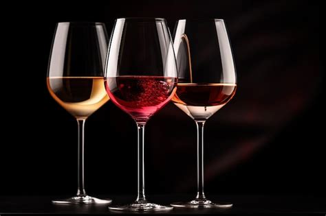 Wine trio harmony three glasses of red rose and white wine on a black ...