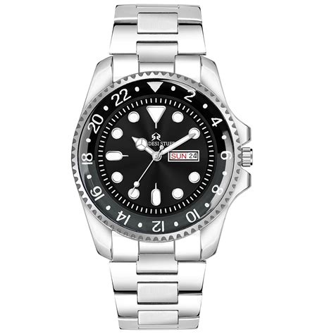 SWADESI STUFF Day and Date Black Dial Stylish Silver Color Stainless ...