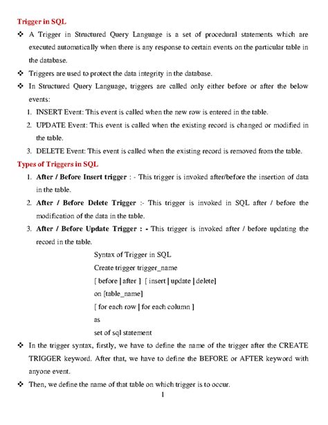 Database management system lecture notes - Trigger in SQL A Trigger in ...