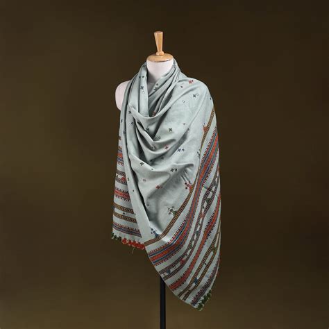 Green Kutch Handwoven Mirror Work Acrylic Wool Shawl