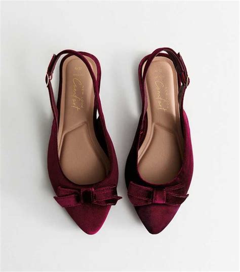 Wide Fit Burgundy Velvet Bow Applique Slingback Flats | New Look
