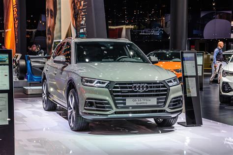 FRANKFURT, GERMANY - SEPT 2019 silver gray AUDI Q5 B9 55 TFSI e QUATTRO electric SUV, IAA ...