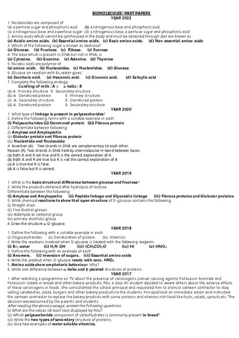 Biomolecules PAST Papers 2022-2017 (251226, 105551) - Studocu