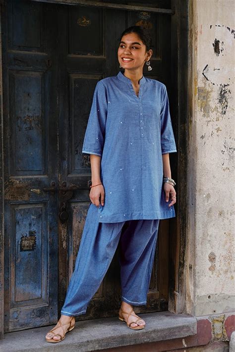 Okhai "Ariel" Hand-Embroidered and Mirrowork Blue Pure Cotton Kurta Sa ...