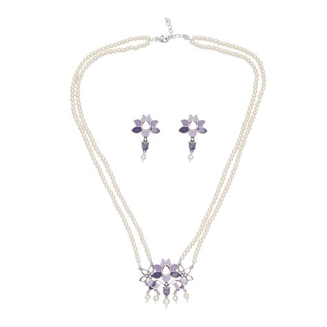 Festive Hues Blue Enamel Mirror Detail Faux Pearls Adorned Silver Oxid ...