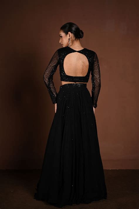 Black Sequin Party Wear Lehenga with Full Sleeve Choli – Anvi Couture