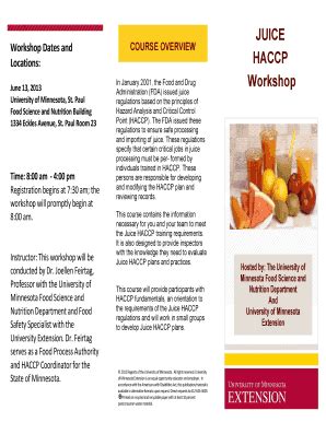 Fillable Online extension umn JUICE HACCP Workshop - University of ...