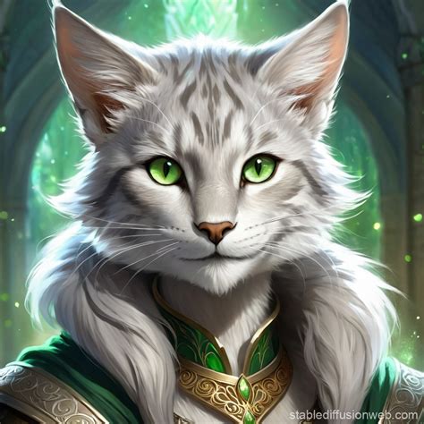 tabaxi female with grey fur and green eyes dnd gray hair and she smile ...