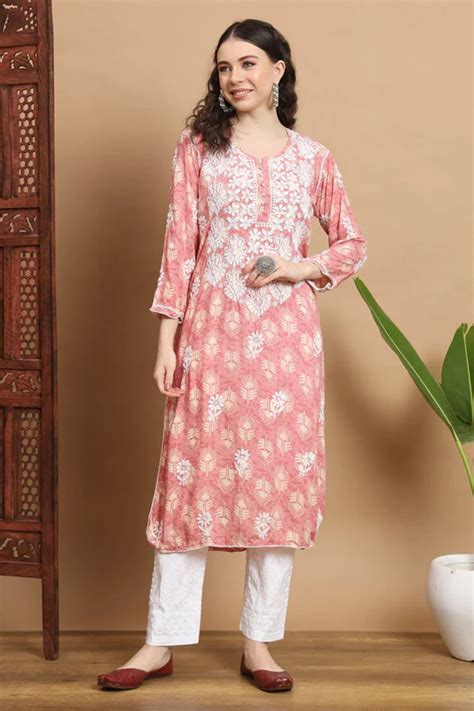 Buy Pink Anisa Modal Cotton Chikankari Kurta Printed Online - Nibs Tog