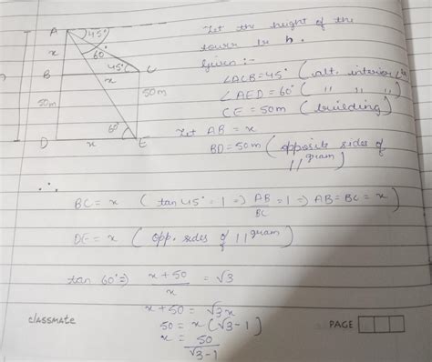 The angles of depression of the top and bottom of a 50m high building ...