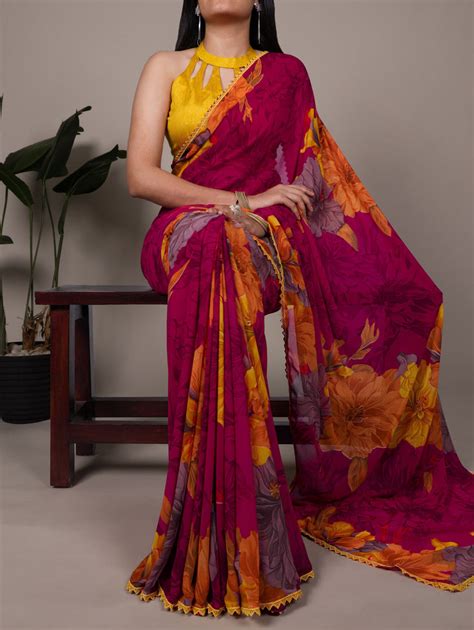 Pink Weightless Marbal Floral Printed Saree with Lace Border