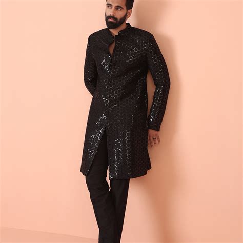 Men Black Embellished Indowestern Trouser Set with Sequinned – Kisah