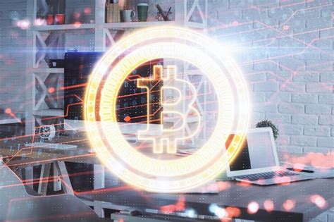 Double exposure of crypto technology theme drawing and office interior ...
