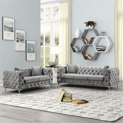 Nice Maple Dollo Chesterfield Suede Tufted Sofa Set Three + Two (Grey ...