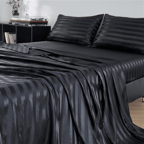 ANMINY Twin Size Silky Satin Sheet Set, Black Stripe, Flat & Fitted ...