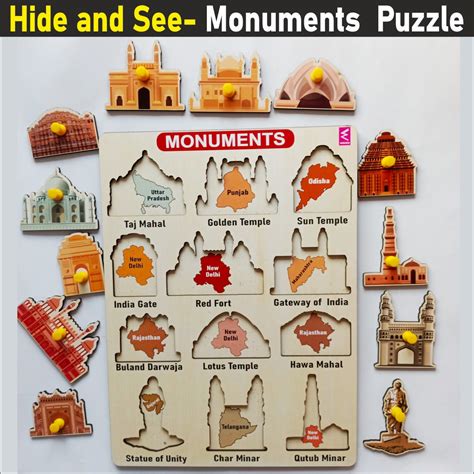 WISSEN Wooden Hide and See Monuments and State Match peg board Puzzle ...