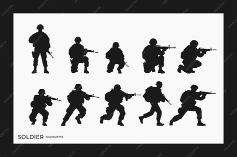 Premium Vector | Silhouette set of soldiers with a gun pose variations on the battlefield attack ...