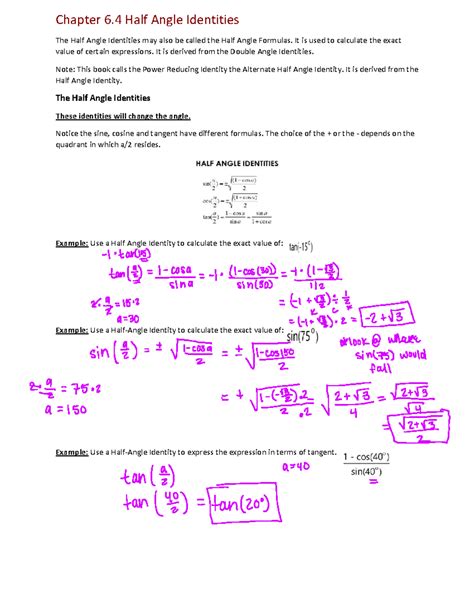 Chapter 6.4: Half Angle Identities in Trigonometry - Studocu