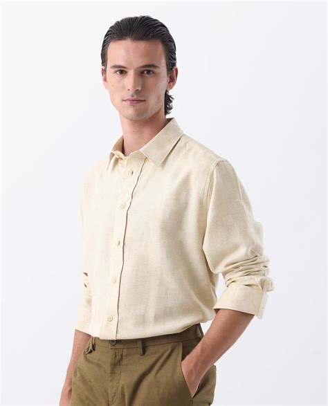 Rare Rabbit Men's Dob Beige Linen Blend Fabric Full Sleeve Regular Col