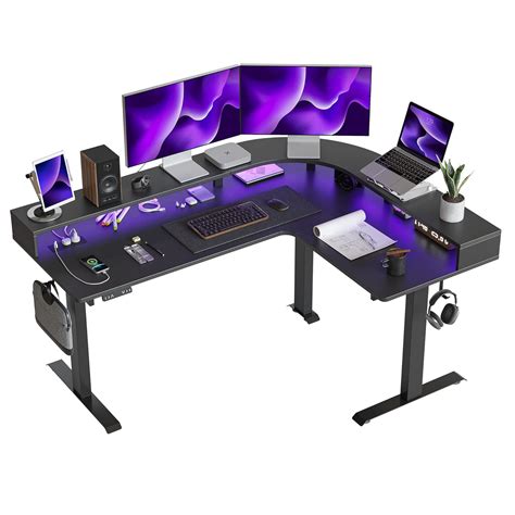 FEZIBO Triple Motor L Shaped Standing Desk with LED Strip & Power ...