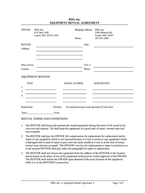 RSO Equipment Rental Agreement - Blank Fillable Template | Fill Out ...