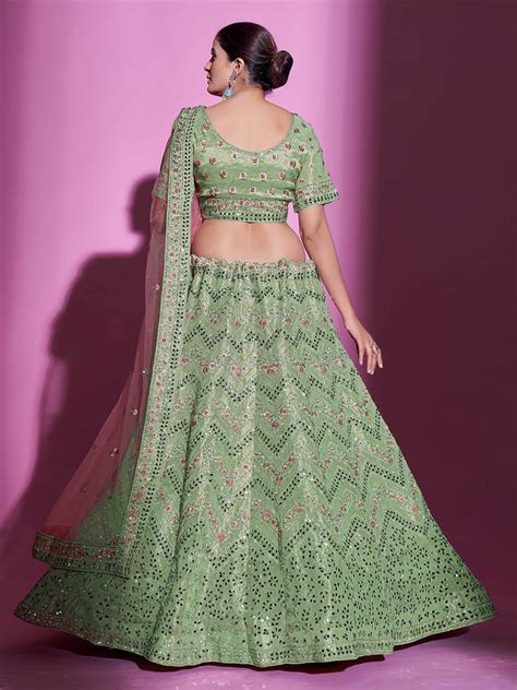 Green Silk Blend Embroidered Semi Stitched Lehenga With Unst