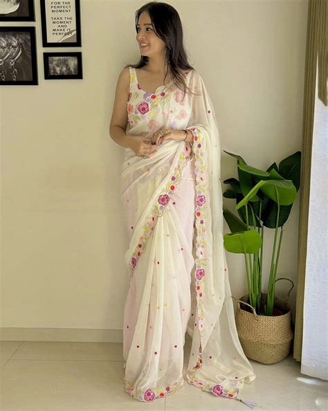 Apsara Bloom – Off-White Floral Organza Saree – Vidhima Fashion