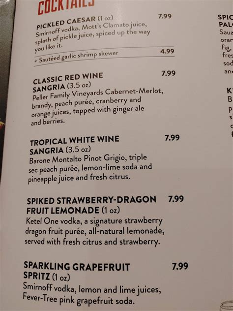 Menu at Pickle Barrel, London