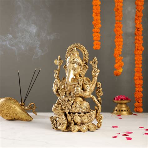 Buy Ganesha on a lotus base large brass idol 12 inches - Budhshiv.com