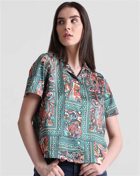 Green Abstract Print Satin Shirt