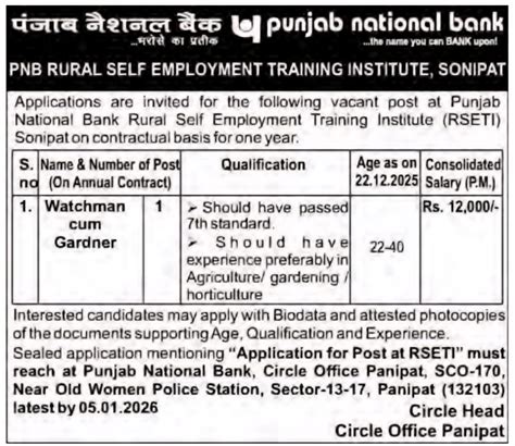 PNB Bank Recruitment 2025 Notification Out- Apply Online for Gardener ...