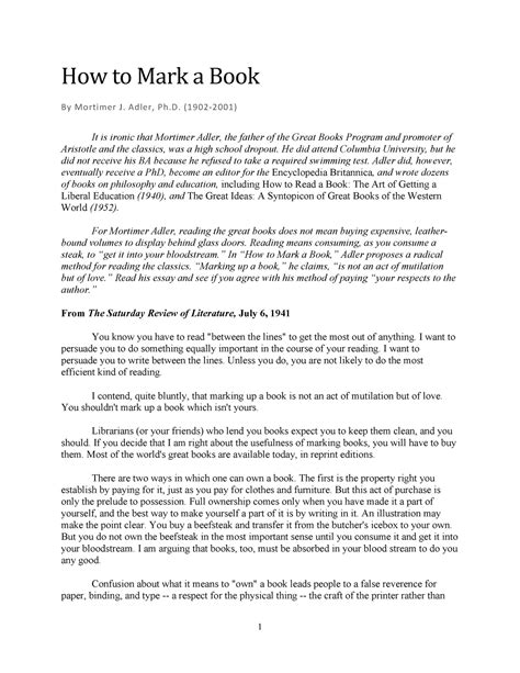Adler - How to Mark a Book - How to Mark a Book By Mortimer J. Adler ...