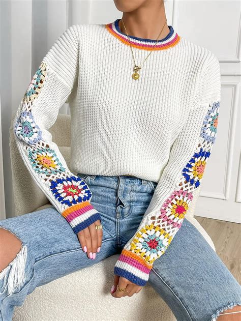 Amazon.com: ELLAZY Sweaters for Women Floral Pattern Drop Shoulder ...