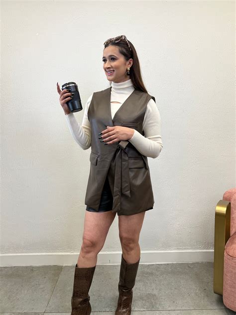 Brown Leather Vest Jacket with Wrap Belt - Nolabels.in