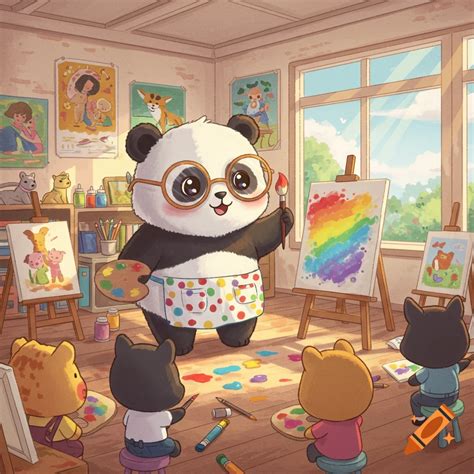 A cute cartoon panda wearing glasses and an apron teaches a class of ...