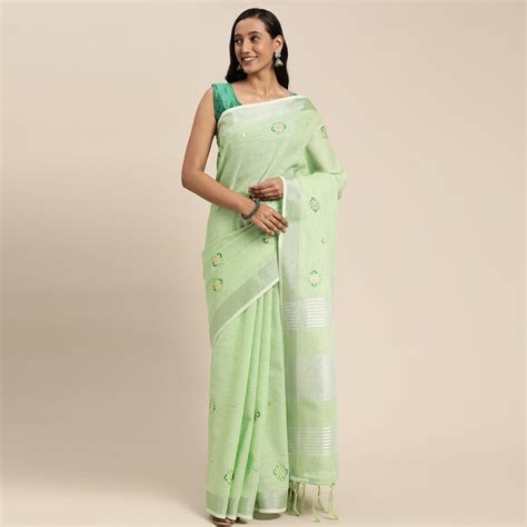 Green Embroidered Linen Saree with Tassels