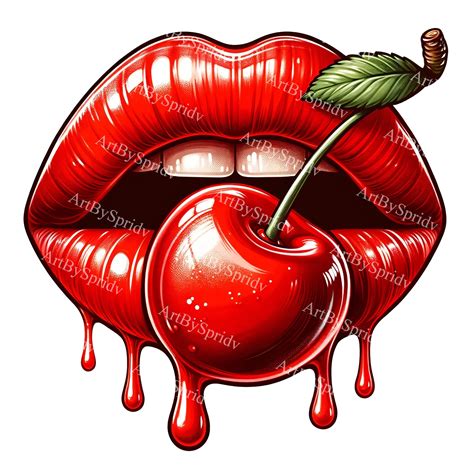 Red Cherry Kiss Clipart | Glossy Lip Art PNG | Printable Sublimation Design for T-shirts, Mugs ...