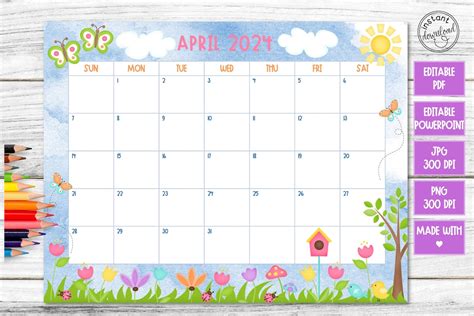 Buy EDITABLE April 2024 Calendar, Printable, Fillable, Adorable Images ...
